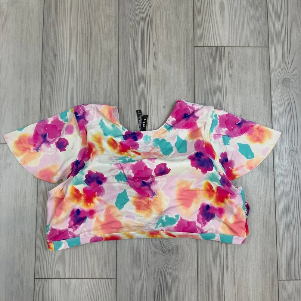 Torrid Watercolor Floral Flutter Sleeve Bikini Swim Top Pink Purple Size 3 Plus
